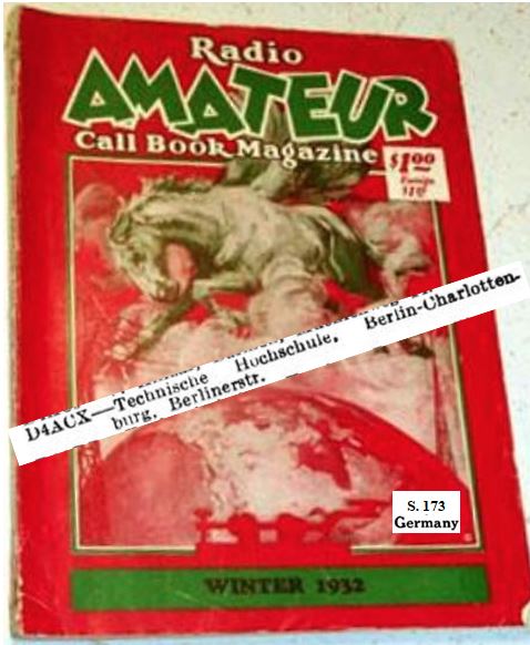 ARRL Callbook von 1932 mit dem Eintrag D4ACX für die Technische Hochschule Charlottenburg.